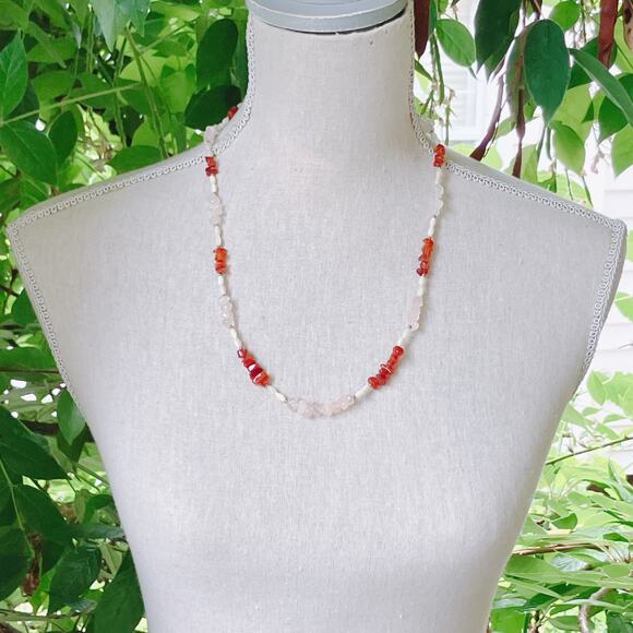Vintage 90s Gemstone Necklace Carnelian Rose Quartz Shell Beaded Boho 24” - Picture 6 of 15